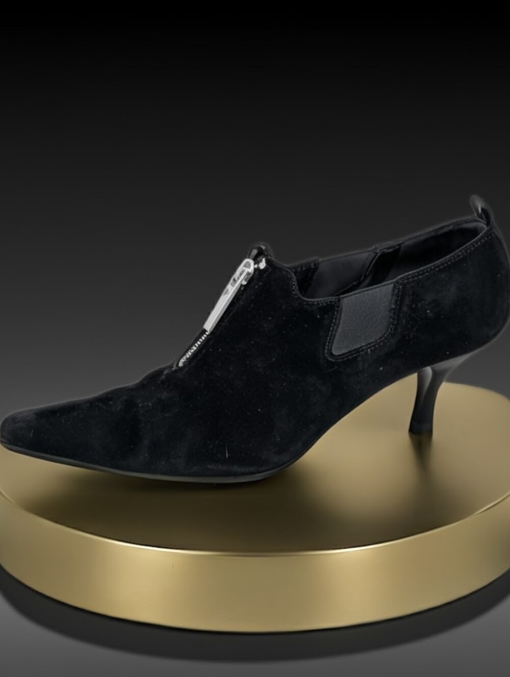 DONALD PLINER Noir Suede Pointed Kitten Heel w/ Zipper Front